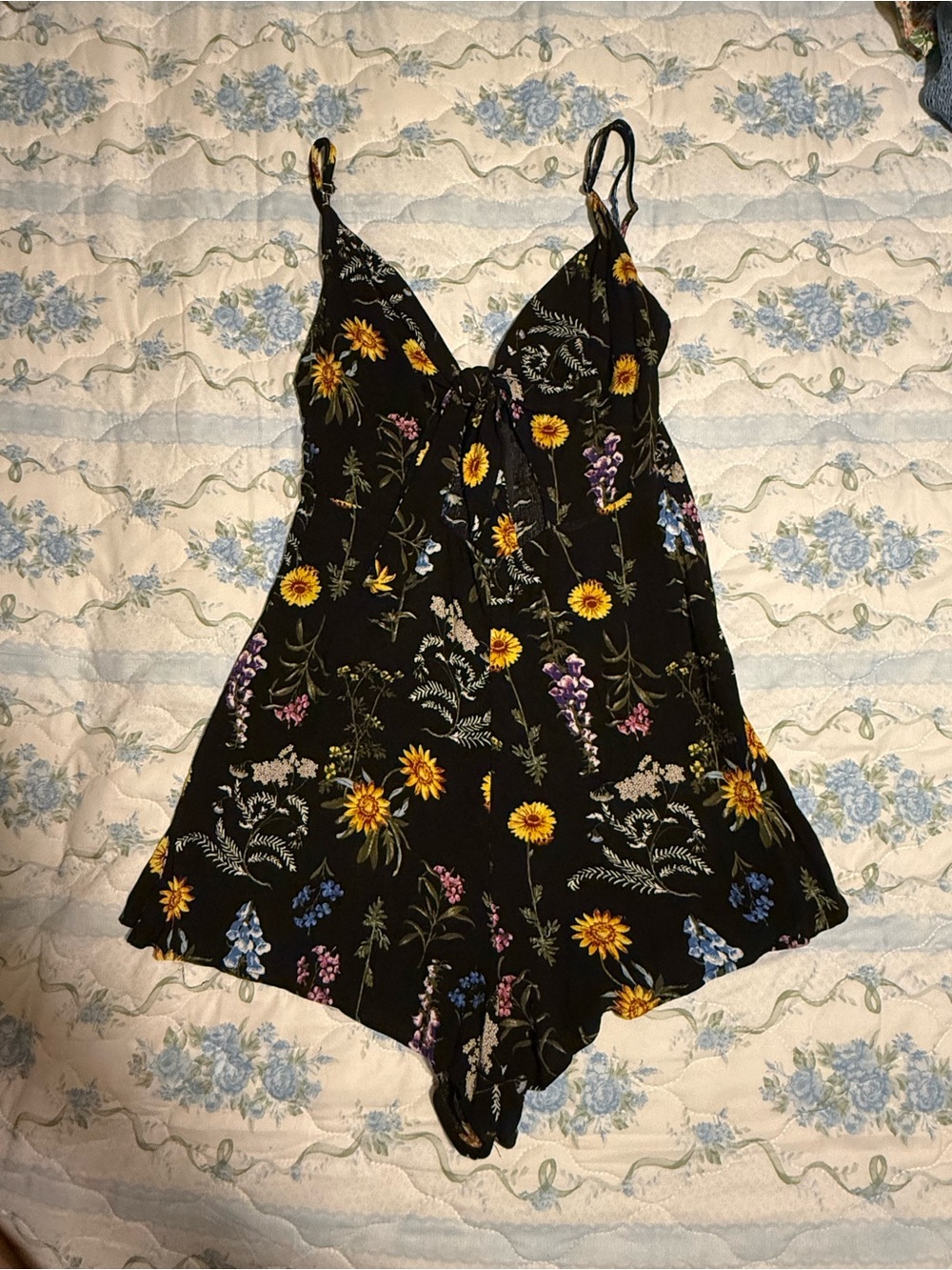 UK2LA Black Floral Romper with Yellow and Blue Blooms